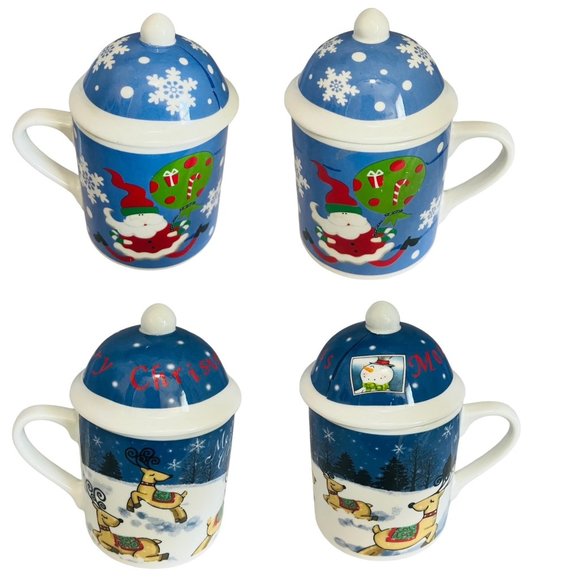 Set of TWO MSI Ceramic Christmas Hot Cocoa Coffee Mugs W/ Lids Vintage Ceramic - Picture 1 of 13